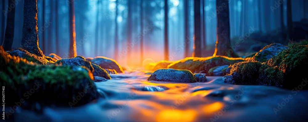 Aufkleber Glow forest concept. Serene forest scene with a flowing stream and glowing sunlight filtering through trees.