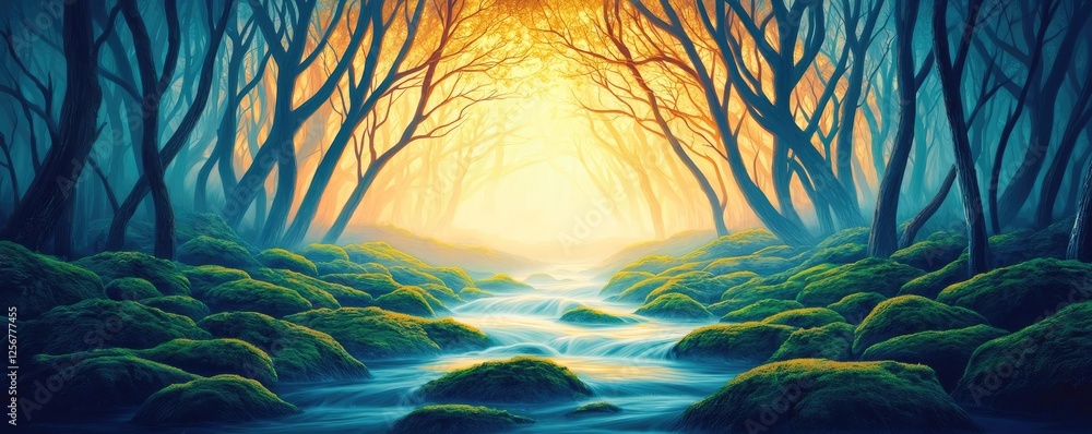 Aufkleber Glow forest concept. A serene forest scene with glowing sunlight filtering through dense trees and a flowing stream.