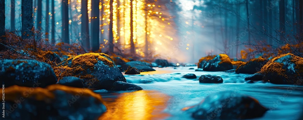 Aufkleber glow forest concept. a serene forest landscape with a tranquil stream illuminated by soft golden lig