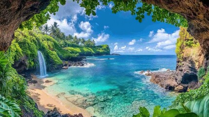 Tropical cove waterfall beach ocean view paradise