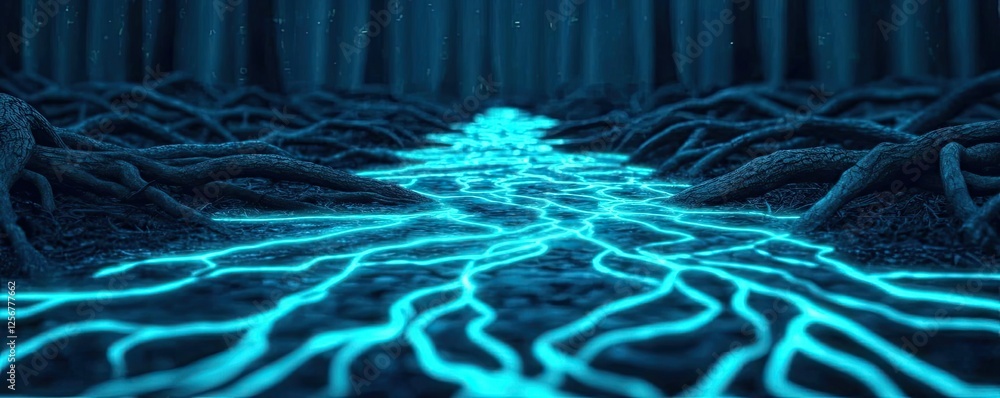 Poster glow forest concept. illuminated roots create a surreal river of light in a mystical forest.