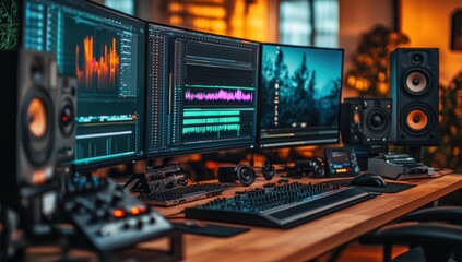 Obraz premium Ultimate Music Production Studio Setup: High-End Monitors, Audio Interface, and Powerful Computers