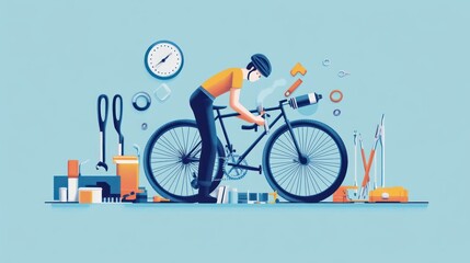 Bicycle repair scene with tools and cyclist.