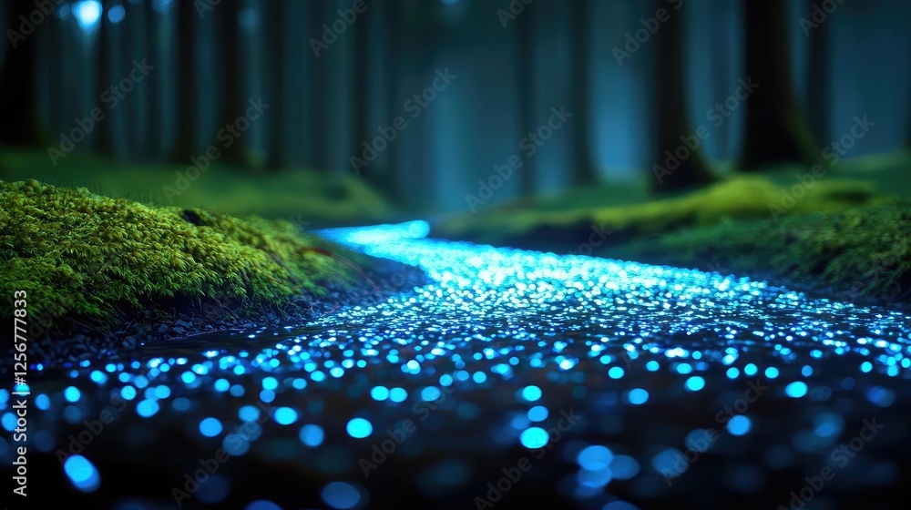 Poster Glow forest idea. A sparkling river flows through a serene forest, illuminated by bioluminescent light.