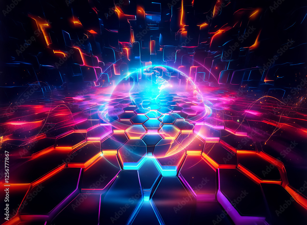 Poster abstract double exposure with vibrant geometric shapes and a glowing sphere. futuristic, energetic a