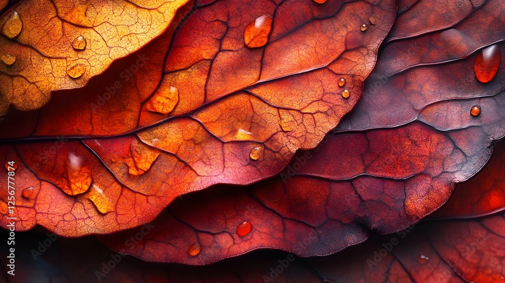 Poster close-up shot of autumn leaves with water droplets, showcasing intricate details and rich colors. ma