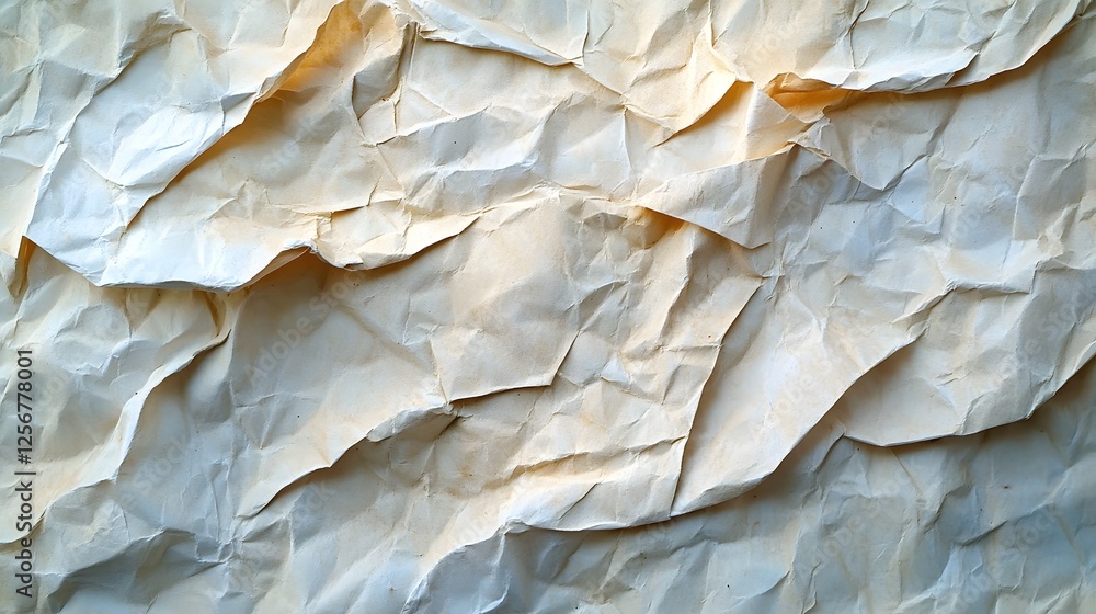 Poster Close-up image of crumpled paper, showing its texture and folds. Beige and white tones create an abstract background. Macro Texture Backgrounds. Abstract Crumpled Paper Texture