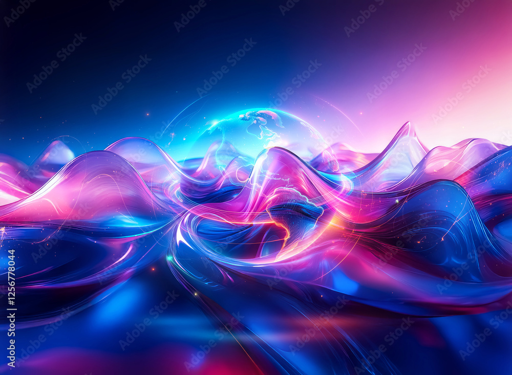 Poster vibrant double exposure abstract art featuring glowing waves of color, blending seamlessly. fluid fo