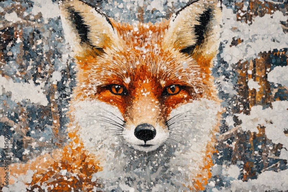 Leinwandbilder Mosaic portrait of a fox surrounded by snow in a serene forest setting showcasing intricate patterns and colors. Generative AI
