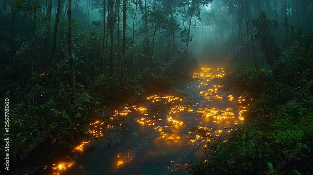 Poster Glow forest concept. A tranquil forest scene with a glowing stream surrounded by lush greenery and mist.
