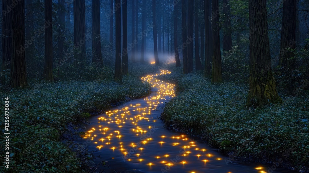 Poster glow forest concept. a serene forest scene illuminated by glowing lights along a winding stream.