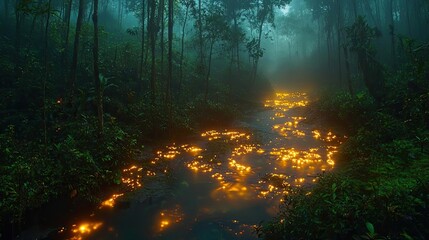 Glow forest concept. A tranquil forest scene with a glowing stream surrounded by lush greenery and mist.