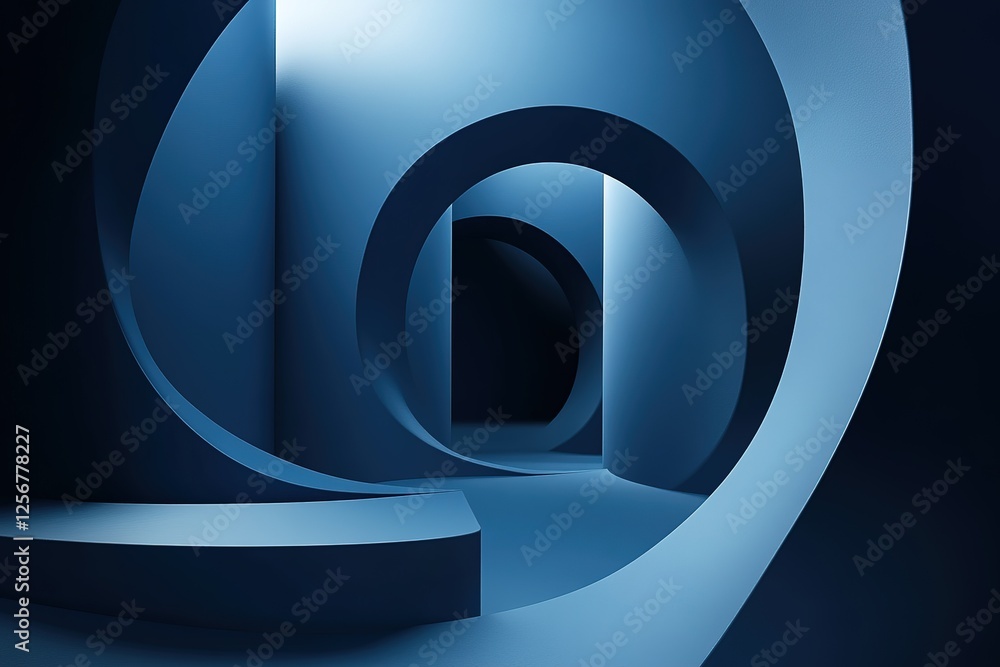 Poster abstract architecture featuring circular openings and a monochromatic blue color scheme
