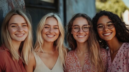 Obraz premium Four smiling young women pose together. Ideal for themes of friendship, beauty, and diversity.