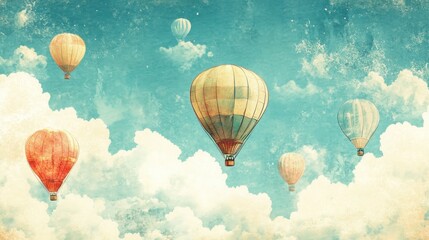 Obraz premium Hot air balloons soar above dreamy cloudscape; travel poster