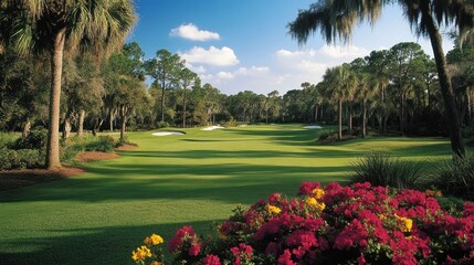 Scenic Florida golf course fairway, lush landscaping, sunny day, resort background