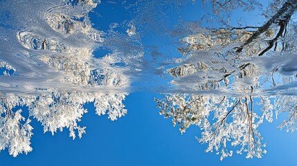 Frosty trees reflected in winter lake, clear sky, nature panorama, calendar