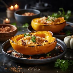 A halved pumpkin is stuffed with a savory mixture of ingredients and baked until golden brown.