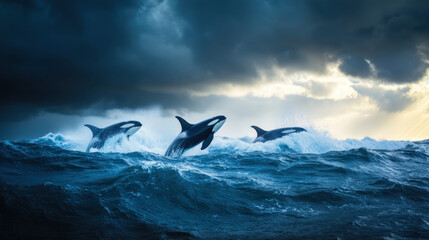 dynamic and intense scene of three orcas breaching in turbulent ocean waves, showcasing their power and grace against dramatic sky