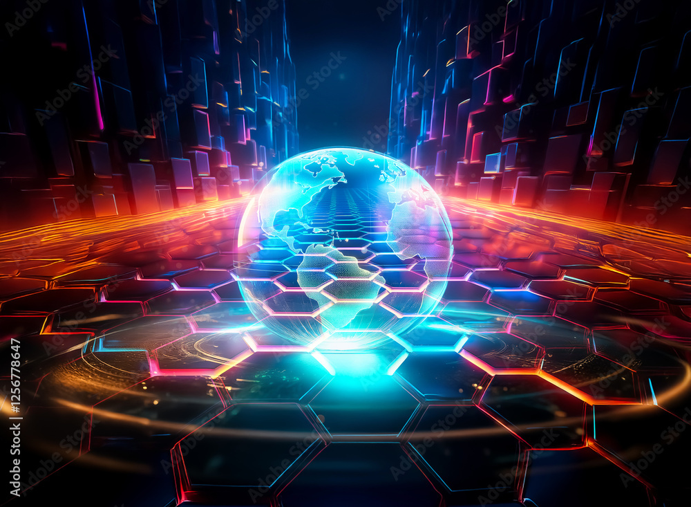 Poster double exposure of a luminous globe resting on a hexagonal grid, with abstract futuristic structures