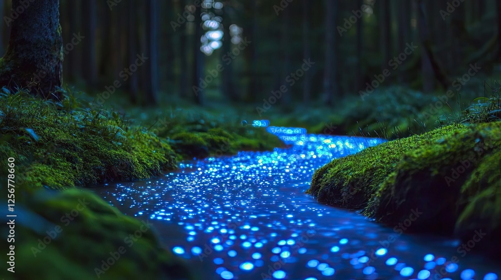 Aufkleber glow forest concept. a tranquil forest stream illuminated by glowing blue light creates a magical at