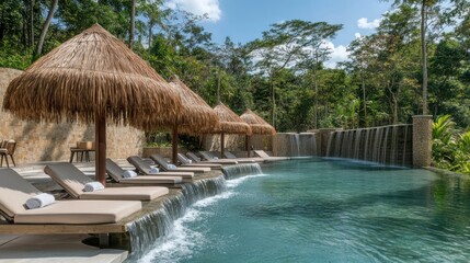 Tropical resort infinity pool, lush jungle backdrop, relaxation