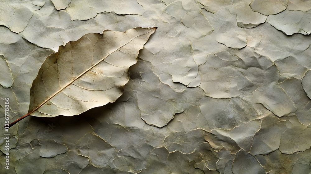 Poster A single dried leaf rests on a heavily textured surface, showcasing autumnal colors and organic shapes. The image evokes a sense of serenity and calm. Macro Texture Backgrounds. Dried Leaf on Textured