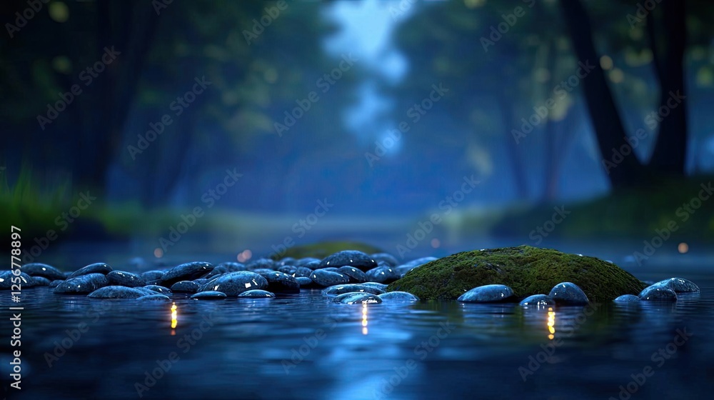 Aufkleber glow forest idea. tranquil river scene at twilight with stones and reflections in calming blue water