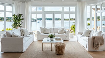 Fototapeta premium Bright Modern Living Room with View of Water and Green Landscape