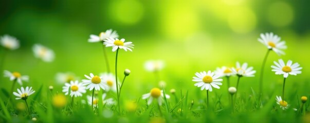 Soft white daisies in a lush green meadow with gentle breeze, gentle, daisies, white © Sourithideth