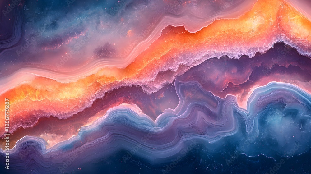 Poster Vibrant cosmic agate slice showing swirling colors and textures, resembling a celestial landscape. Macro Texture Backgrounds. A Celestial Landscape of Color and Texture Cosmic Agate