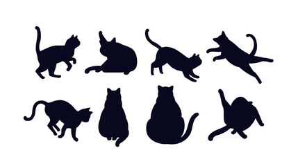 Cat shadows set. Silhouettes of kittens in various positions. Domestic animals and pets stretching and walking. Template and layout. Flat vector collection isolated on white background