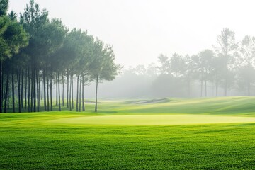 Obraz premium Foggy morning illuminates a serene golf course with lush green grass and tall trees