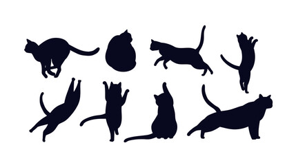 Cat shadows set. Silhouettes of kittens in various positions. Domestic animals and pets stretching and jumping. Social media stickers. Flat vector collection isolated on white background