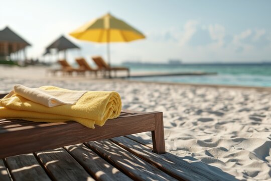 A sunlit beach scene featuring a yellow towel on a wooden lounge chair, with a vibrant umbrella and beach chairs in the background.