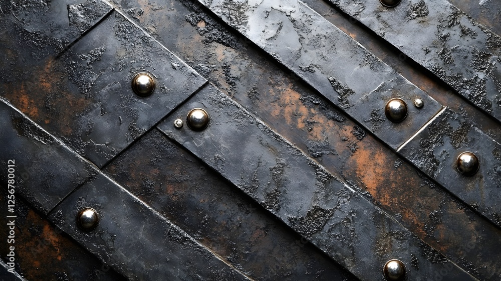 Poster Close-up of dark metal texture, showing a diagonal pattern of rusty steel plates and rivets. Macro Texture Backgrounds. Dark Metal Texture: Diagonal Pattern of Rusted Steel Plates and Rivets