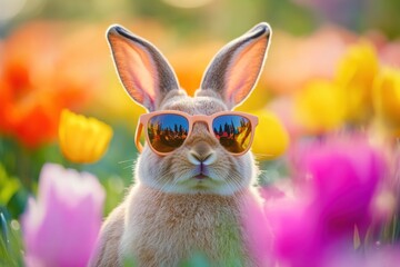 Cool bunny in sunglasses, spring tulip field, Easter card