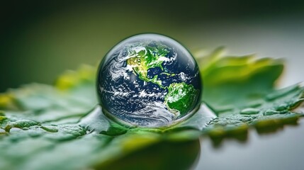 Earth in waterdrop on leaf, green background, environmental concept