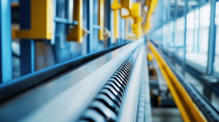 Factory conveyor belt system, industrial production line, close-up, automated process, background blurred