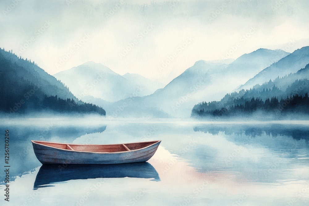 Poster serene watercolor illustration of a rowboat drifting on a peaceful mountain lake with a blank sky fo