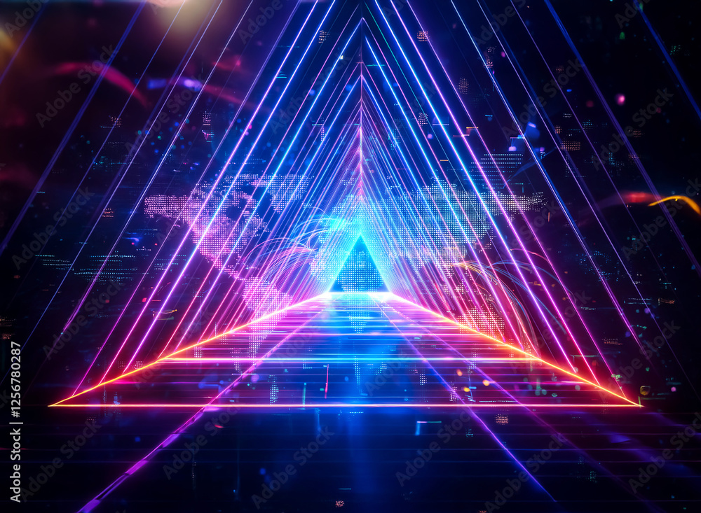 Poster vibrant double exposure of a neon triangle tunnel. glowing lines create a futuristic portal effect w