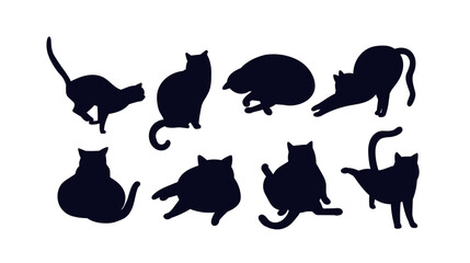 Naklejka premium Cat shadows set. Silhouettes of kittens in various positions. Lazy and cute domestic animals. Fauna and wildlife. Adorable mammals. Flat vector collection isolated on white background