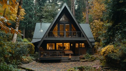 Cozy A-Frame Cabin Surrounded by Lush Autumn Forest Landscape