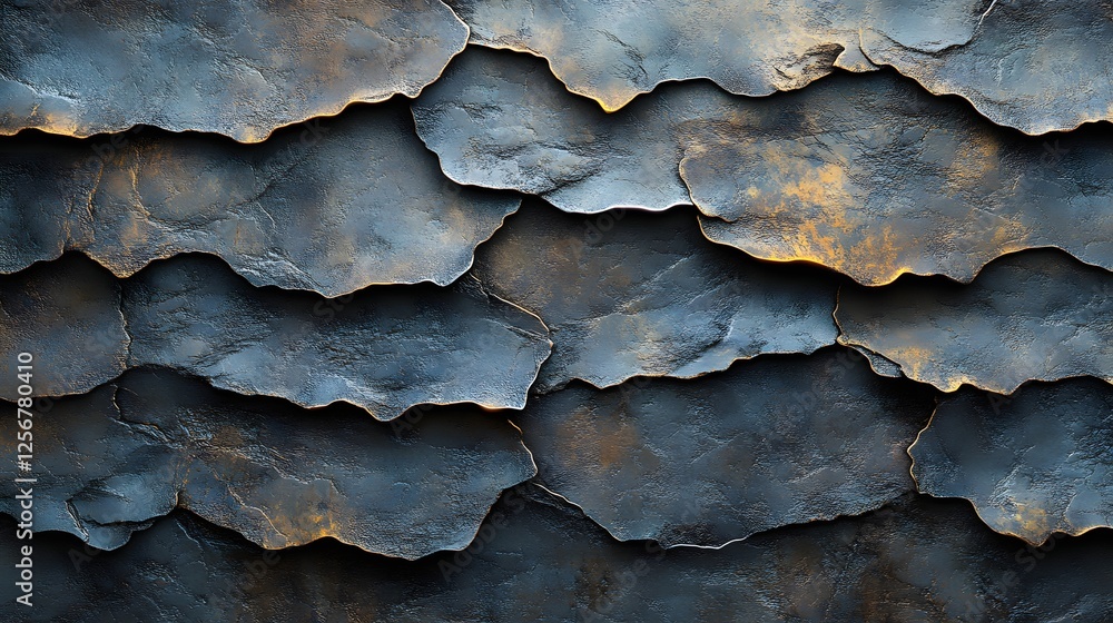 Poster close-up abstract image of layered dark blue and gold stones, showcasing a textured rock formation. 