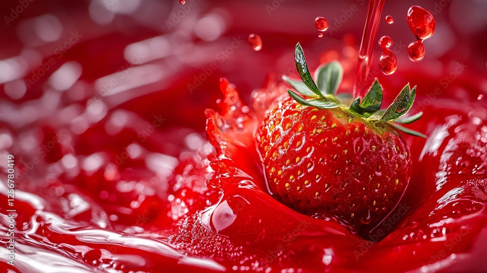 Aufkleber ripe strawberry splashing into refreshing red juice drink