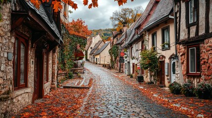 Rustic Cobblestone Street Surrounded by Autumn Foliage and Homes