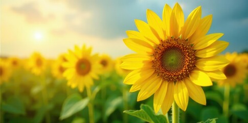 Fototapeta premium Water droplets clinging to a bright yellow sunflower, field, light, sunflower