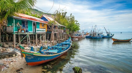 Obraz premium Fishing Village with Colorful Houses and Boats by the Shore