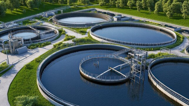 Aerial view of wastewater treatment plant's clarifying tanks, surrounded by green landscape, for environmental reports