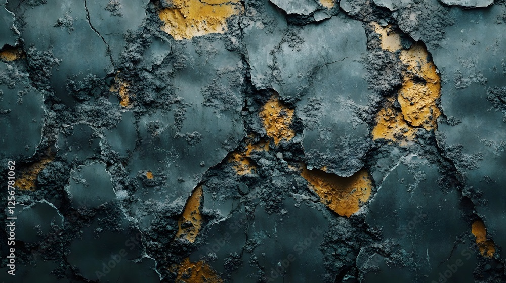 Poster close-up abstract image of a dark teal and gold textured wall. the texture is rough, cracked and sho
